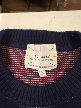 Topman Navy Crewneck Sweater with Pink Accent Knit